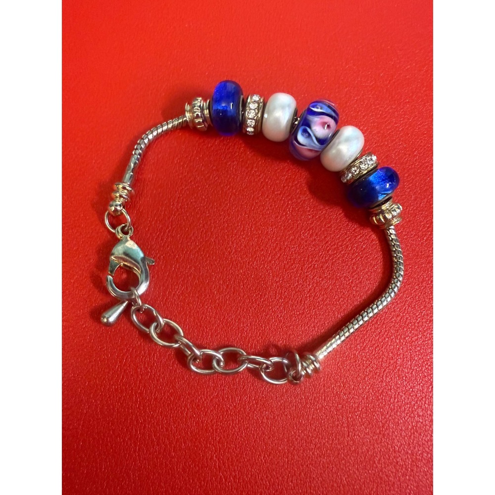 Blue & White Murano Style Glass Charm Bracelet Rhinestone Bead European Style